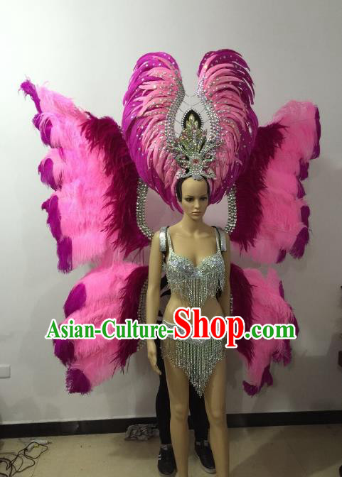 Brazilian Rio Carnival Samba Dance Costumes Catwalks Pink Butterfly Feather Wings Swimsuit and Headwear for Women