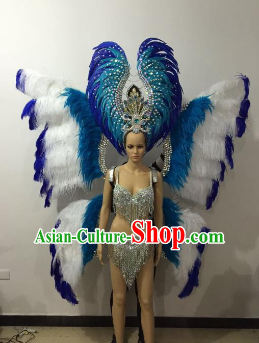 Brazilian Rio Carnival Samba Dance Costumes Catwalks Blue Butterfly Feather Wings Swimsuit and Headwear for Women