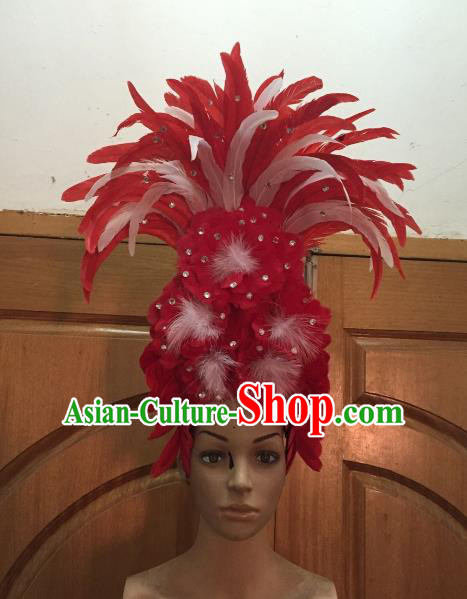 Handmade Samba Dance Hair Accessories Brazilian Rio Carnival Deluxe Red Feather Flowers Headdress for Women