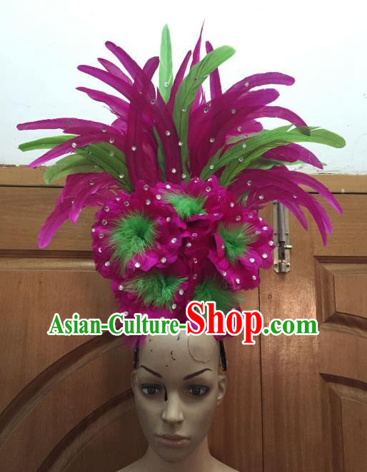 Handmade Samba Dance Hair Accessories Brazilian Rio Carnival Deluxe Rosy Feather Flowers Headdress for Women