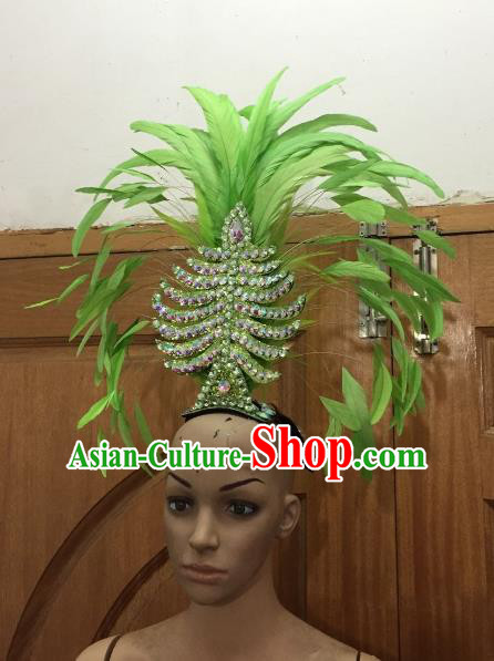 Handmade Samba Dance Deluxe Green Feather Hair Accessories Brazilian Rio Carnival Headdress for Women
