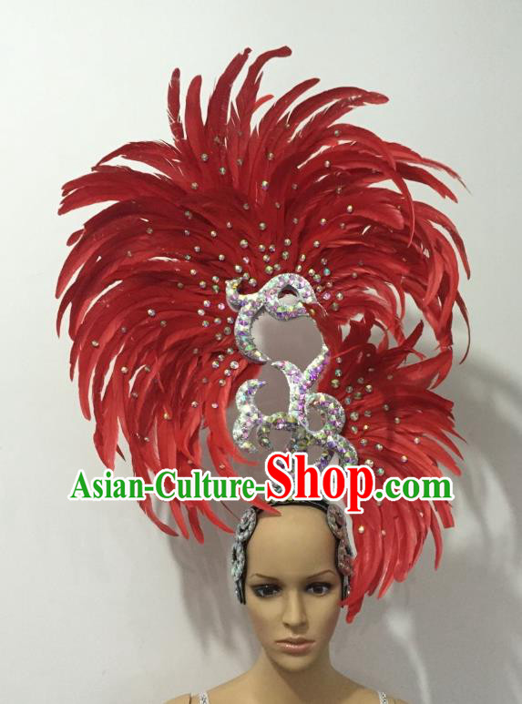Handmade Samba Dance Deluxe Red Feather Hair Accessories Brazilian Rio Carnival Headdress for Women