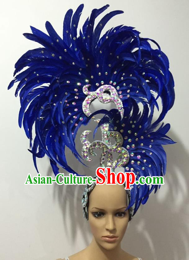 Handmade Samba Dance Deluxe Royalblue Feather Hair Accessories Brazilian Rio Carnival Headdress for Women