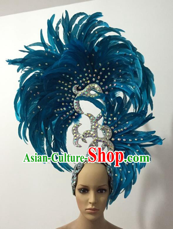 Handmade Samba Dance Deluxe Blue Feather Hair Accessories Brazilian Rio Carnival Headdress for Women