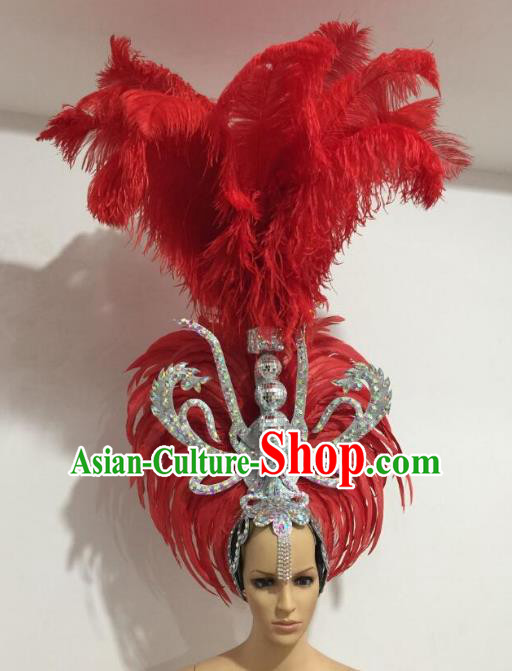 Brazilian Carnival Catwalks Red Feather Headdress Rio Samba Dance Deluxe Hair Accessories for Women