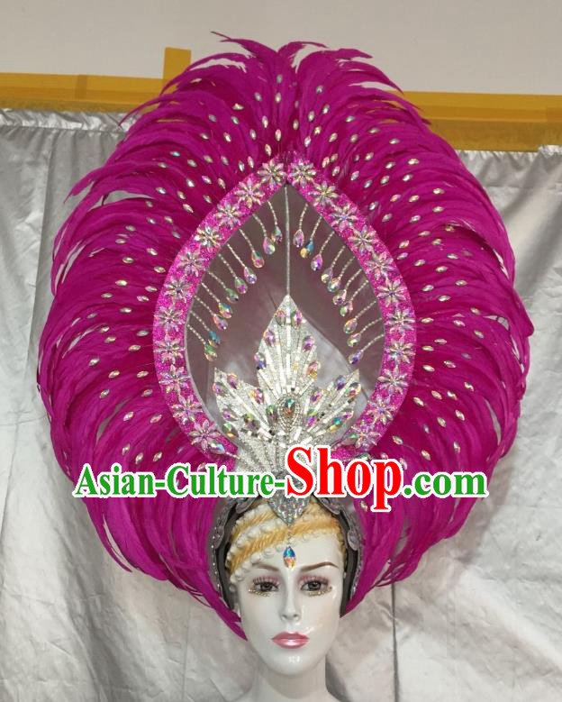 Brazilian Carnival Catwalks Rosy Feather Headdress Rio Samba Dance Deluxe Diamante Hair Accessories for Women