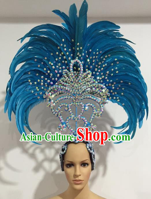 Brazilian Carnival Catwalks Blue Feather Headdress Rio Samba Dance Miami Deluxe Hair Accessories for Women