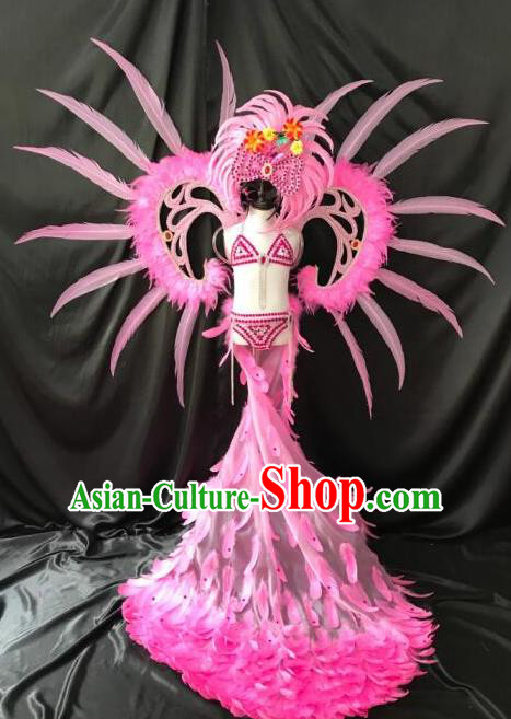 Top Grade Catwalks Costumes Brazilian Carnival Samba Dance Pink Feather Swimsuit and Wings for Kids