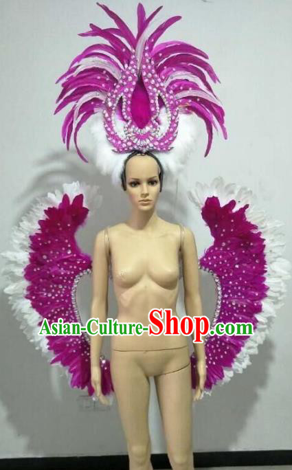Brazilian Samba Dance Props Rio Carnival Miami Catwalks Rosy Feather Wings and Headdress for Adults