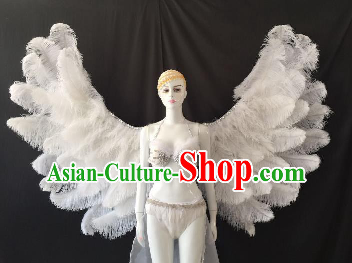Brazilian Carnival Samba Dance Catwalks Costumes Swimsuit and White Feather Wings for Women