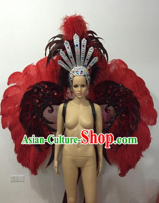 Brazilian Rio Carnival Samba Dance Props Catwalks Red Feather Wings and Headdress for Adults