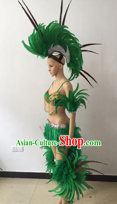 Brazilian Carnival Samba Dance Catwalks Costumes Swimsuit and Green Feather Headdress for Women