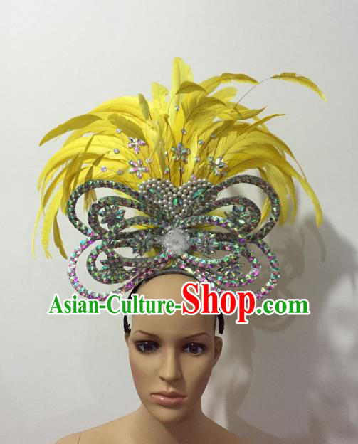 Brazilian Rio Carnival Samba Dance Yellow Feather Deluxe Headdress Stage Performance Hair Accessories for Women