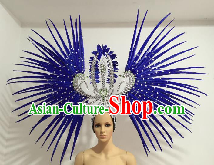 Brazilian Carnival Rio Samba Dance Royalblue Feather Headdress Miami Catwalks Deluxe Hair Accessories for Women