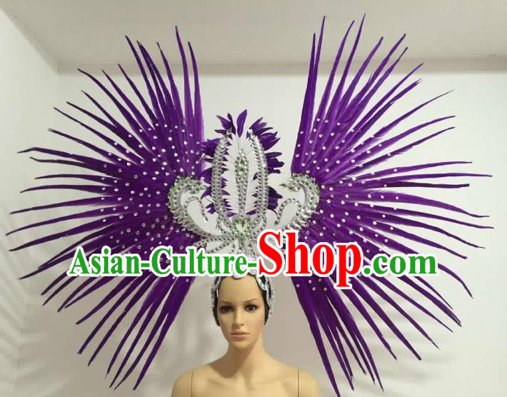 Brazilian Carnival Rio Samba Dance Purple Feather Headdress Miami Catwalks Deluxe Hair Accessories for Women
