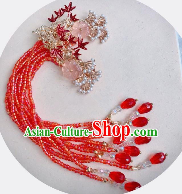 Chinese Traditional Hair Accessories Ancient Red Beads Tassel Hair Stick Hairpins for Women
