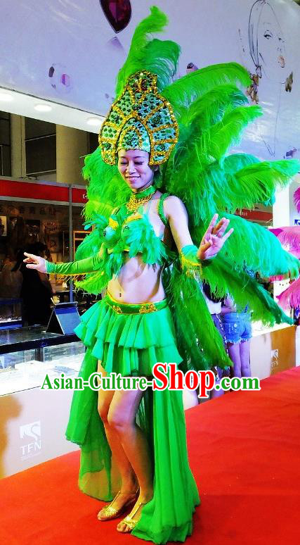 Brazilian Rio Carnival Samba Dance Costumes Catwalks Green Feather Wings Swimsuit and Headdress for Women