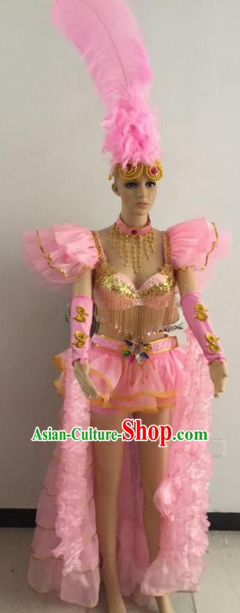 Brazilian Rio Carnival Samba Dance Costumes Catwalks Swimsuit and Pink Feather Headdress for Women