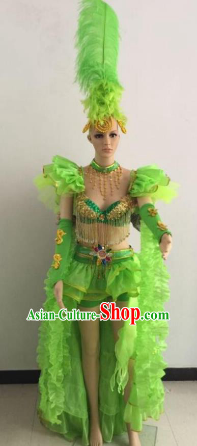 Brazilian Rio Carnival Samba Dance Costumes Catwalks Swimsuit and Green Feather Headdress for Women