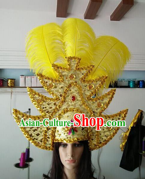 Professional Samba Dance Hair Accessories Brazilian Rio Carnival Golden Sequins Feather Headdress for Women
