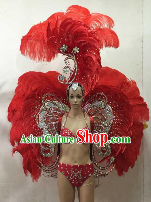 Brazilian Rio Carnival Samba Dance Costumes Catwalks Red Feather Wings Swimsuit and Headdress for Women