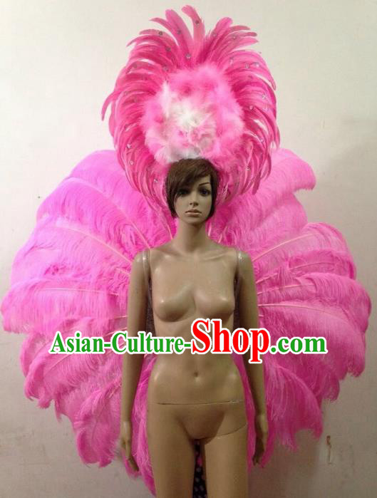 Customized Catwalks Props Brazilian Rio Carnival Samba Dance Pink Feather Deluxe Wings and Headwear for Women