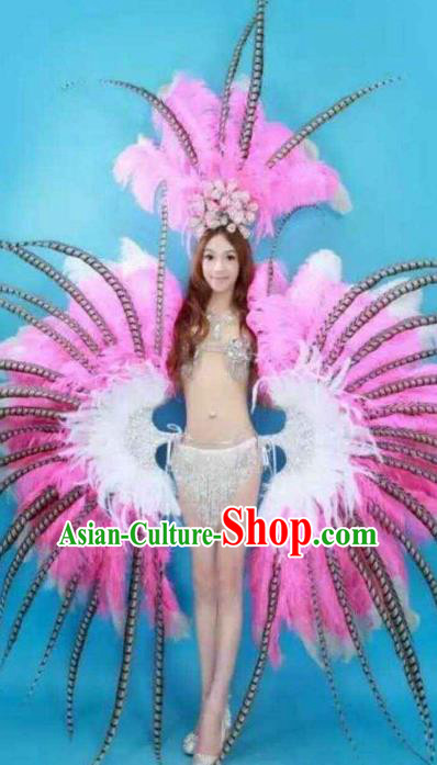 Brazilian Rio Carnival Samba Dance Costumes Catwalks Pink Feather Wings Swimsuit and Headdress for Women