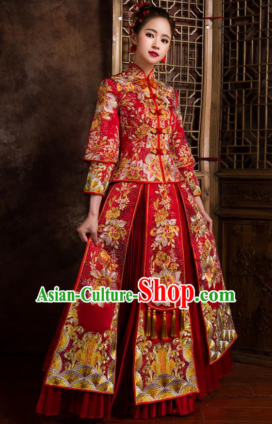 Traditional Chinese Bridal Costumes Ancient Bride Wedding Embroidered Peony Beads Red XiuHe Suit for Women