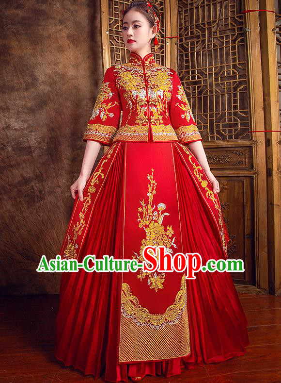 Traditional Chinese Bridal Costumes Ancient Bride Red Toast Clothing Wedding Embroidered Diamante XiuHe Suit for Women