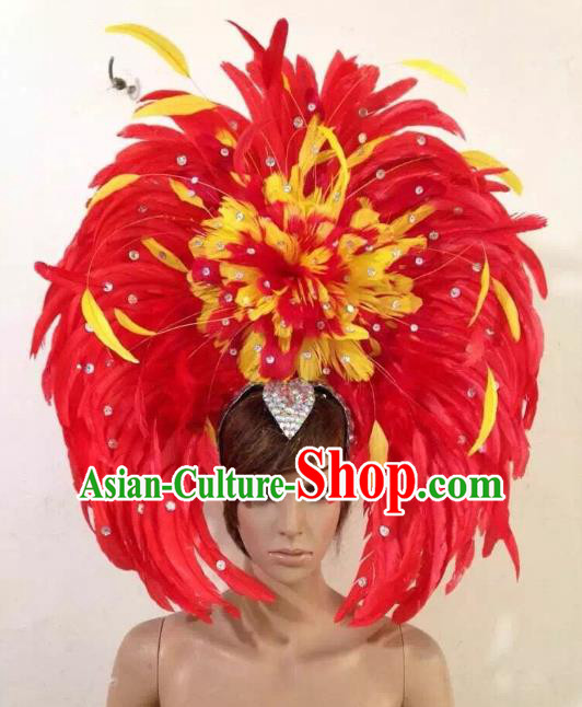 Professional Halloween Catwalks Samba Dance Red Feather Hair Accessories Brazilian Rio Carnival Headdress for Women