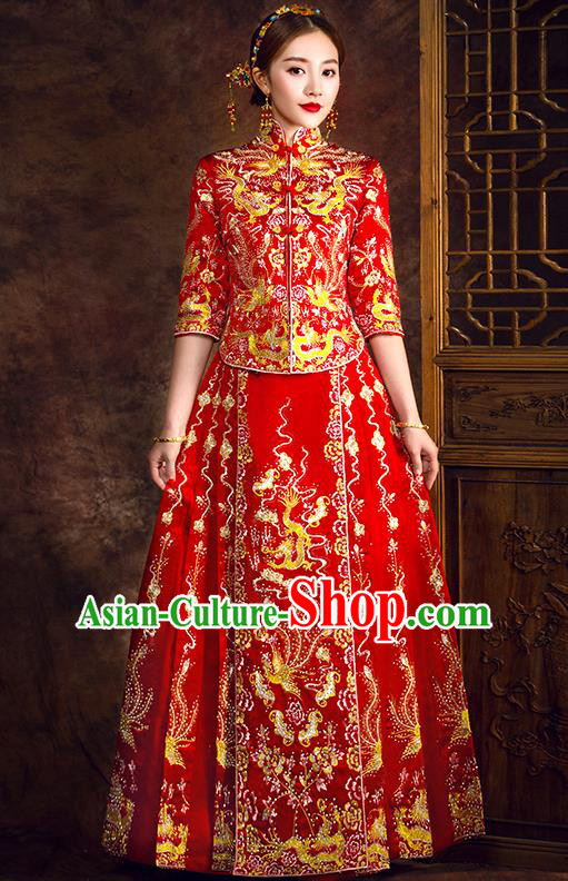 Traditional Chinese Female Wedding Costumes Ancient Embroidered Dragon Phoenix Full Dress Red XiuHe Suit for Bride