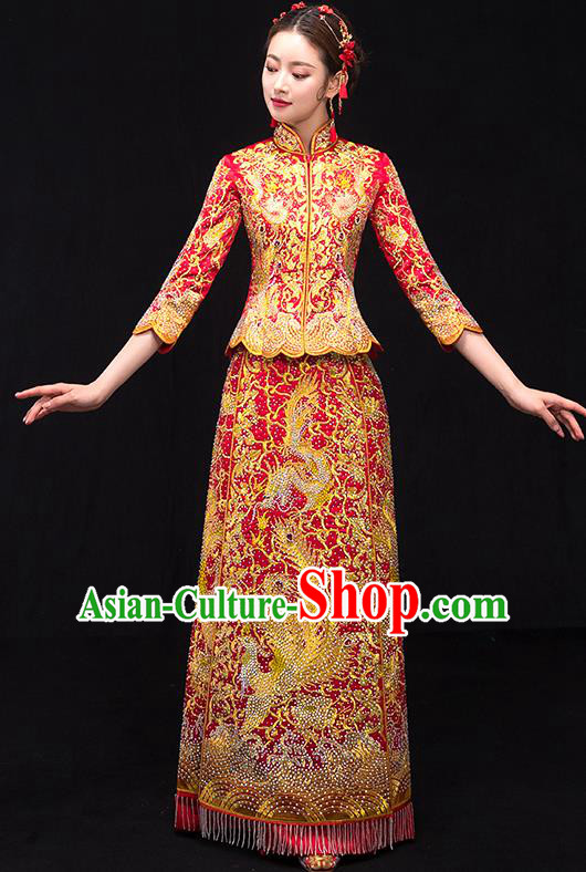 Traditional Chinese Female Wedding Costumes Ancient Embroidered Phoenix Red Full Dress XiuHe Suit for Bride