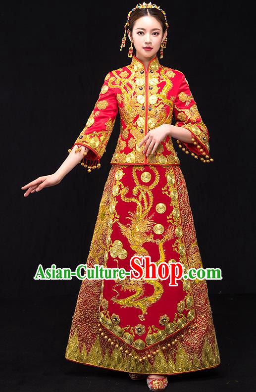 Traditional Chinese Female Wedding Costumes Ancient Embroidered Dragon Phoenix Red Full Dress XiuHe Suit for Bride