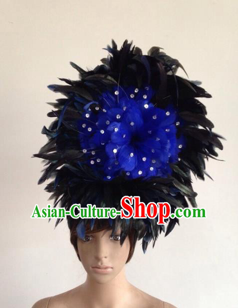 Professional Halloween Catwalks Hair Accessories Brazilian Rio Carnival Samba Dance Blue Feather Headwear for Women