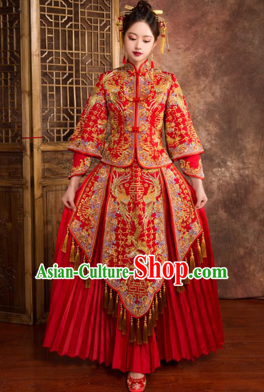 Chinese Traditional Wedding Costumes Ancient Bride Embroidered Dragon Phoenix Diamante Xiuhe Suit for Women