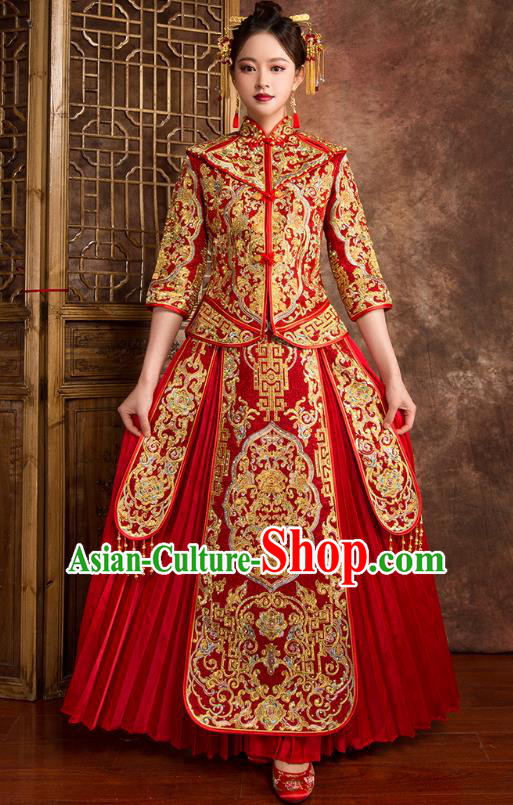 Chinese Traditional Wedding Costumes Ancient Bride Embroidered Diamante Red Xiuhe Suit for Women