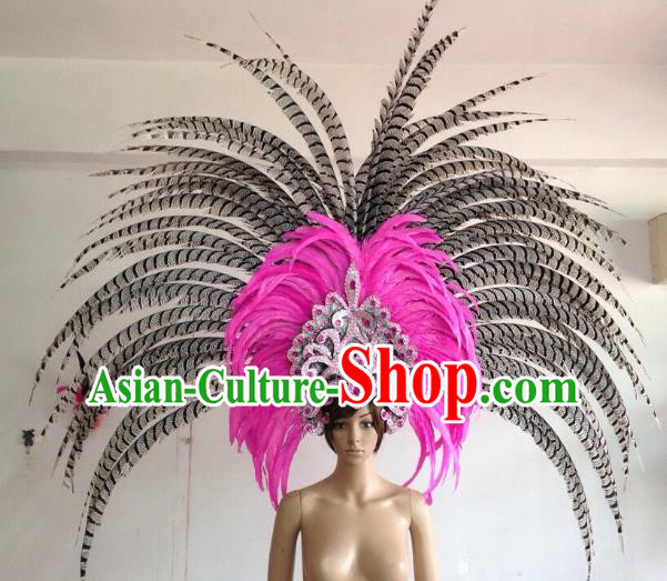 Professional Halloween Catwalks Hair Accessories Brazilian Rio Carnival Samba Dance Deluxe Pink Feather Headwear for Women