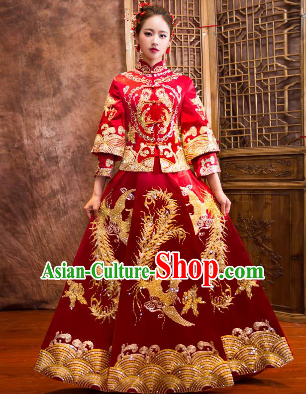 Traditional Chinese Bridal Costumes Ancient Bride Wedding Embroidered Peony Phoenix XiuHe Suit for Women
