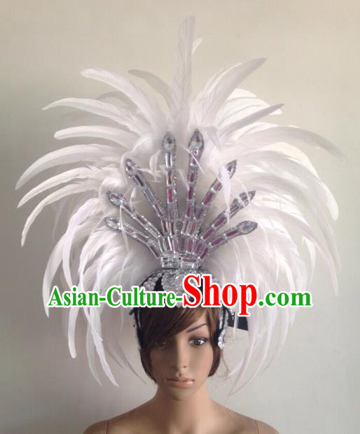 Professional Halloween Catwalks Hair Accessories Brazilian Rio Carnival Samba Dance Deluxe White Feather Headwear for Women