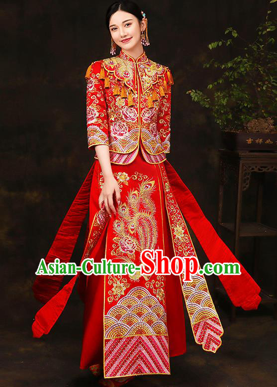 Traditional Chinese Style Female Wedding Costumes Ancient Embroidered Phoenix Peony Full Dress XiuHe Suit for Bride