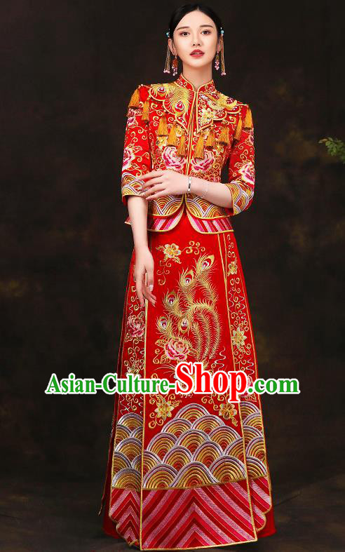 Traditional Chinese Style Female Wedding Costumes Ancient Embroidered Full Dress Red XiuHe Suit for Bride