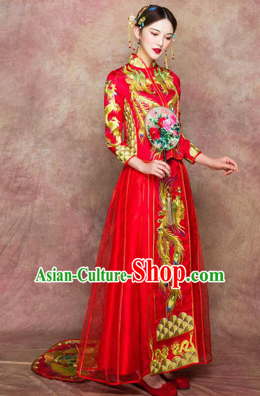 Traditional Chinese Wedding Costumes Embroidered Phoenix Full Dress Red XiuHe Suit Ancient Bottom Drawer for Bride