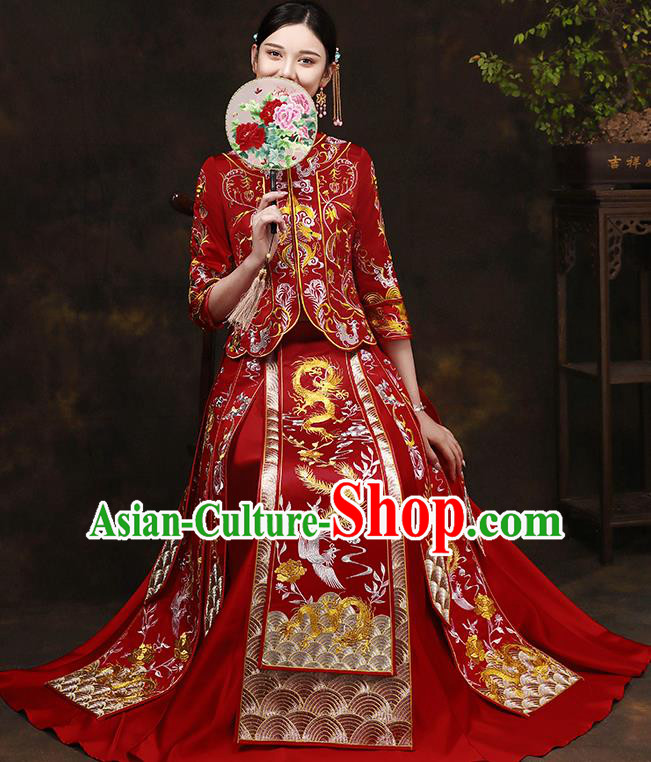 Traditional Chinese Style Female Wedding Costumes Ancient Embroidered Dragon Phoenix Bottom Drawer XiuHe Suit for Bride