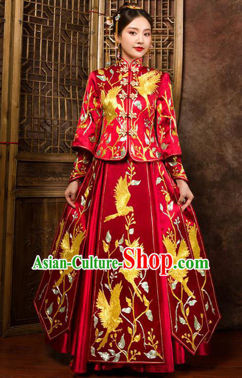 Traditional Chinese Embroidered Birds XiuHe Suit Wedding Costumes Full Dress Ancient Bottom Drawer for Bride