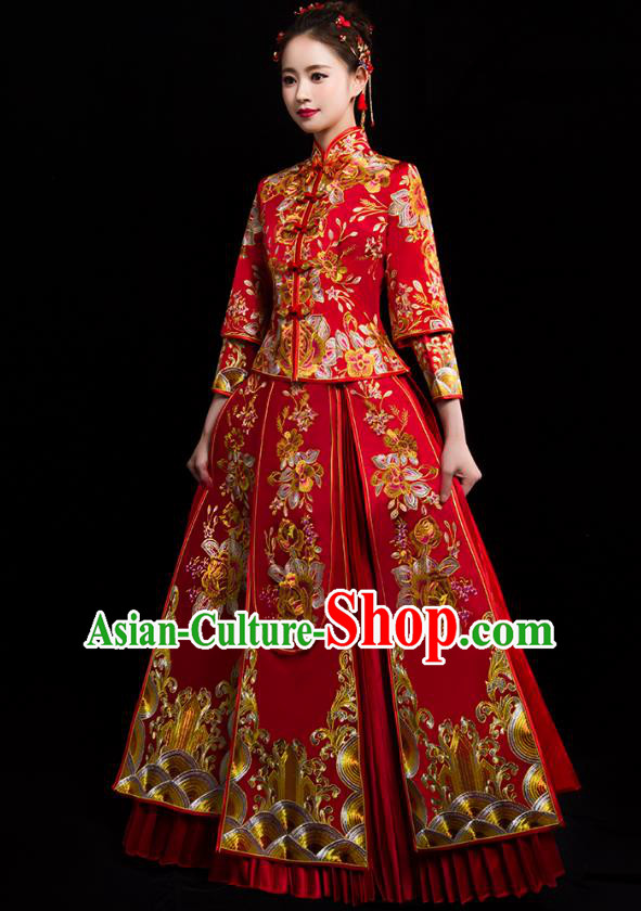 Traditional Chinese Embroidered Peony Diamante XiuHe Suit Wedding Costumes Full Dress Ancient Bottom Drawer for Bride