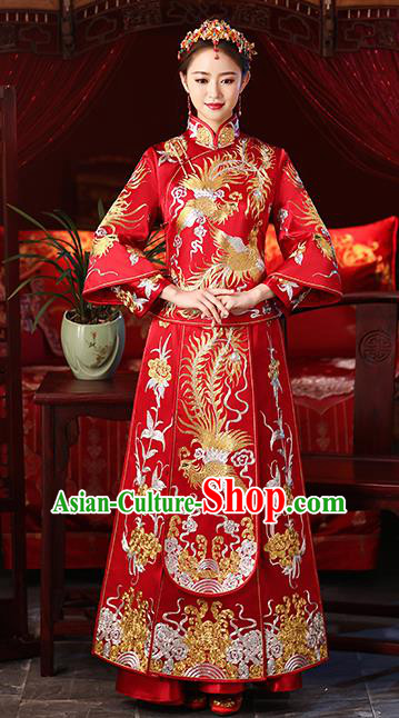 Chinese Ancient Embroidered Phoenix Wedding Costumes Bride Red Formal Dresses XiuHe Suit for Women