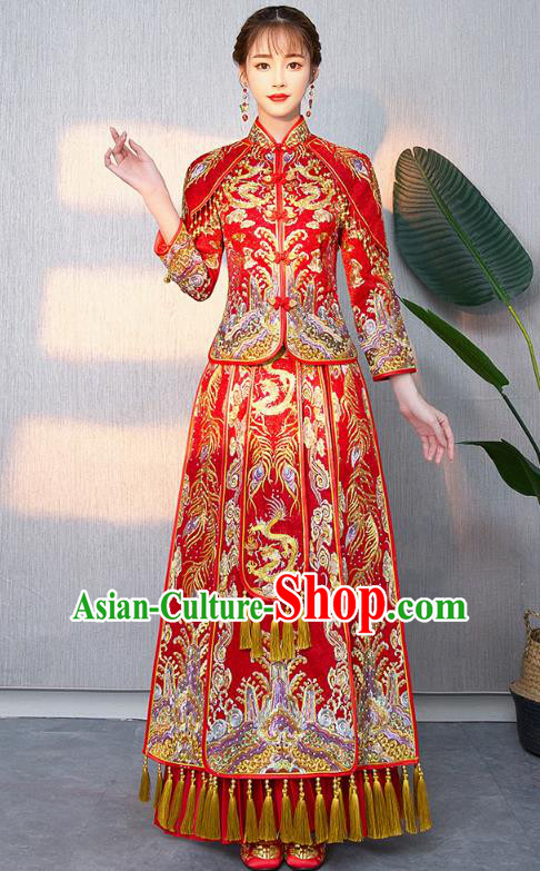 Chinese Ancient Bottom Drawer Traditional Wedding Costumes Embroidered Dragons Red XiuHe Suit for Women