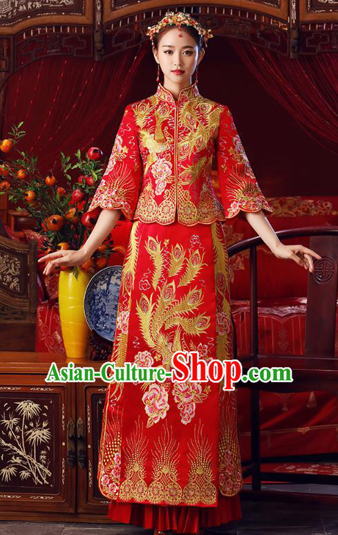Chinese Ancient Bottom Drawer Traditional Wedding Costumes Embroidered Phoenix Peony Slim XiuHe Suit for Women