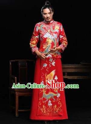 Ancient Chinese Wedding Red Costumes Traditional Bridegroom Embroidered Crane Dragon Tang Suit for Men
