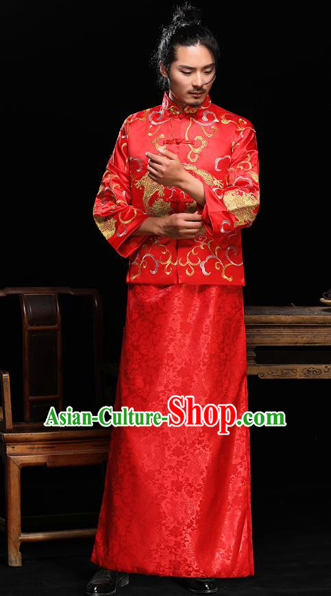 Ancient Chinese Wedding Red Toast Costumes Traditional Bridegroom Embroidered Tang Suit for Men